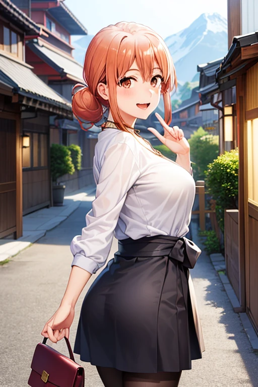 (hdr, highest resolution, best quality, beautiful, raw image, super detailed skin, perfect anatomy, nsfw, POV)), , ((1girl)), (orange hair), brown eyes , (blushing:1.4), ((smile)) ,open mouth , (slender), (large breasts), ((casual clothes, blouse, skirt, ,stockings, bag, necklace)) , (( japanese hotel entrance, mountains, daytime)), ((from side)), (((reach out at viewer)))