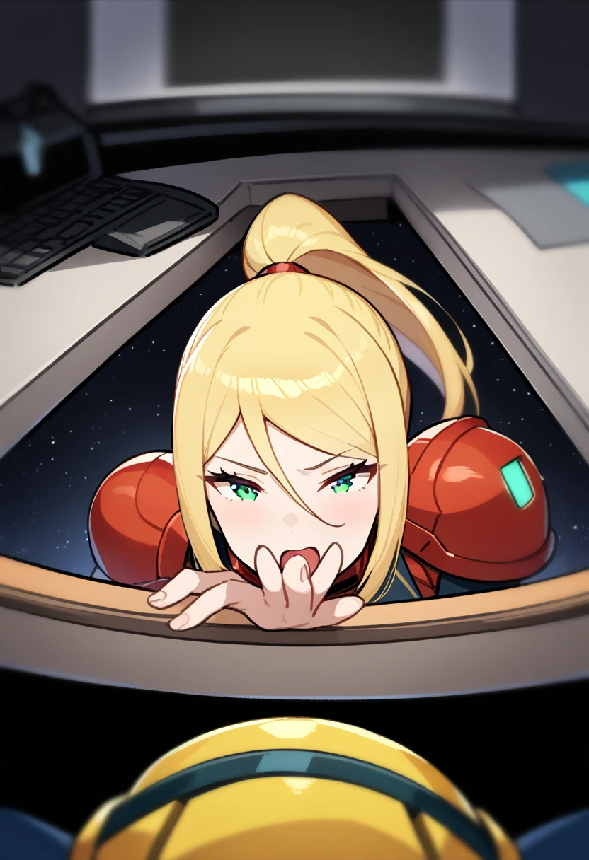 1girl,Samus aran,solo,helmet, green eyes,blonde hair,power armor,ponytail,arm cannon,red chest armor, big shoulder armor,cowboy shot,in space ship,zero gravity,Science fiction,ultra-detailed,sharp focus,aesthetic,(best quality), inviting felllatio, blowjob gesture, teasing, office, under desk pov, teasing bulge