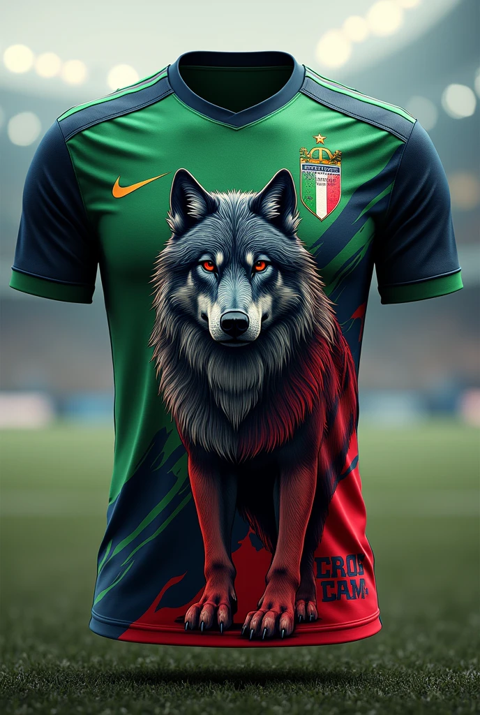 A soccer jersey that has the logo of the Salle Distrito Norte with the Adidas logo on the left chest and a lynx on the back in blue and red