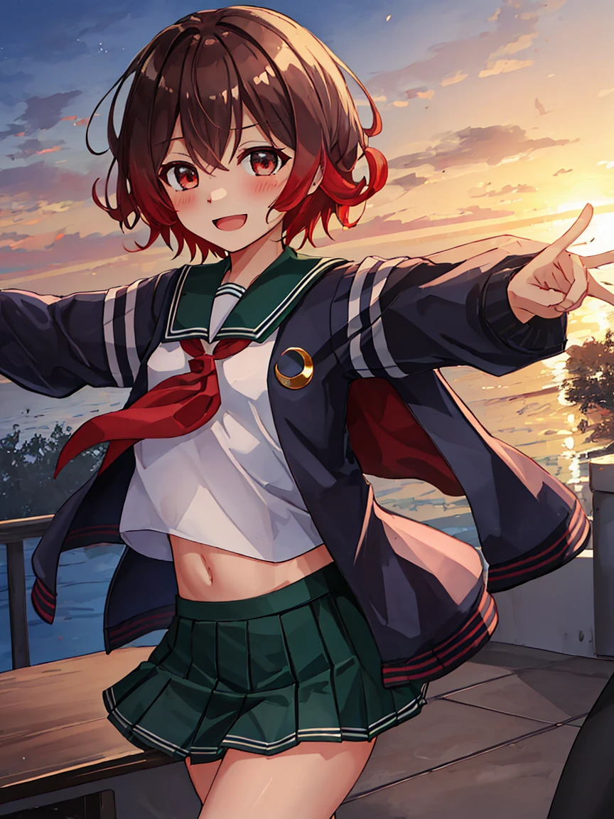 Portrait, official art, best masterpiece, best quality, best resolution, 8K, best detailed, perfect anatomy
BREAK
cowboy shot, (Sitting), legs together, arms apart, outstretched arms, (outstretched arms at viewer, outstretched arm at viewer, showing palm hand, hug me, hug)
BREAK
(mutsuki_kantaicollection:1.15), short hair, brown hair, red hair, serafuku, gradient hair, multicolored hair, brown eyes, crescent, crescent pin, red eyes, jacket, neckerchief, sailor collar, school uniform, green sailor collar, red neckerchief, blue jacket, black jacket, (flat chest, child_like build, short stature:1.2), 1small girl, solo
BREAK
(smile), (blush:1.2), open your mouth
BREAK
School, classroom, (evening, twilight:1.3), very fine and detailed 16KCG wallpapers