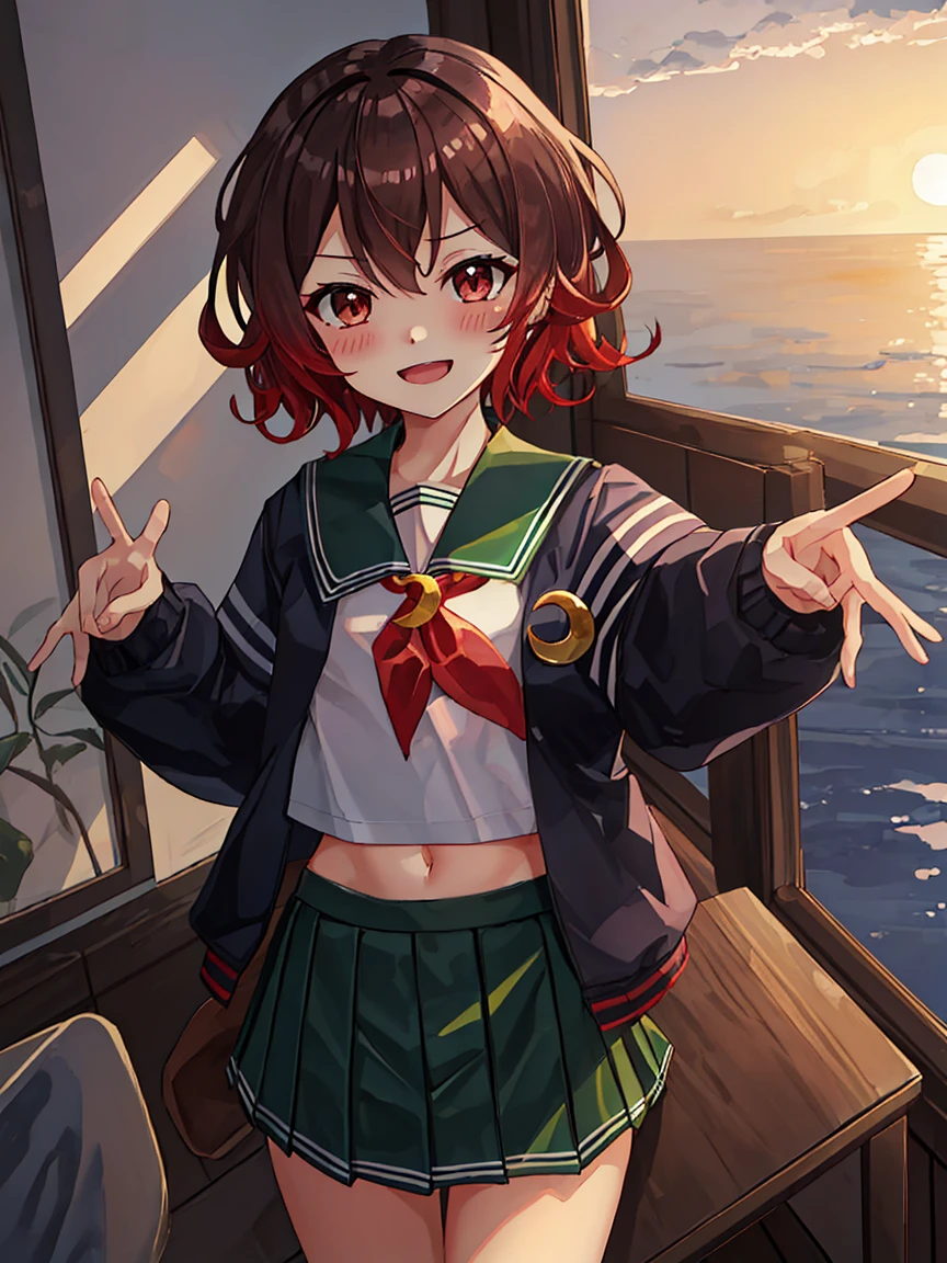 Portrait, official art, best masterpiece, best quality, best resolution, 8K, best detailed, perfect anatomy
BREAK
cowboy shot, (Sitting), legs together, arms apart, outstretched arms, (outstretched arms at viewer, outstretched arm at viewer, showing palm hand, hug me, hug)
BREAK
(mutsuki_kantaicollection:1.15), short hair, brown hair, red hair, serafuku, gradient hair, multicolored hair, brown eyes, crescent, crescent pin, red eyes, jacket, neckerchief, sailor collar, school uniform, green sailor collar, red neckerchief, blue jacket, black jacket, (flat chest, child_like build, short stature:1.2), 1small girl, solo
BREAK
(smile), (blush:1.2), open your mouth
BREAK
School, classroom, (evening, twilight:1.3), very fine and detailed 16KCG wallpapers