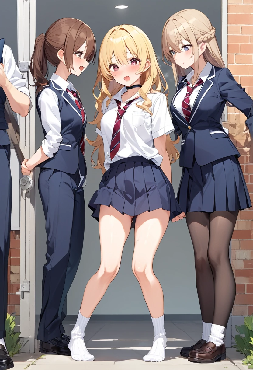 ecchi anime style, ecchi style, azur lane style, visual novel key visual, anime girls in underwear posing for a picture with a pink background, three girls in school uniforms standing in a library, ecchi anime style, hololive, ecchi, in clothes! highly detailed, visual novel cg, jk uniform, high school girls, upskirt, panty, anime maids riding early tanks