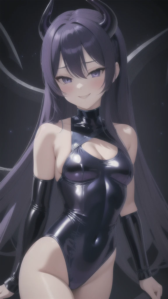  Erotic、Blue Archive　Kisaki、Small breasts, Alone, Black latex swimsuit　Hydra Suit, Purple evil background、 Best Quality, Detailed face, Detailed eyes, High resolution,Upper Body、Evil female executive、Wicked Smile、Cleavage、Sexy pose、Fallen into evil、Fall into Darkness、Dark Side、Succubus