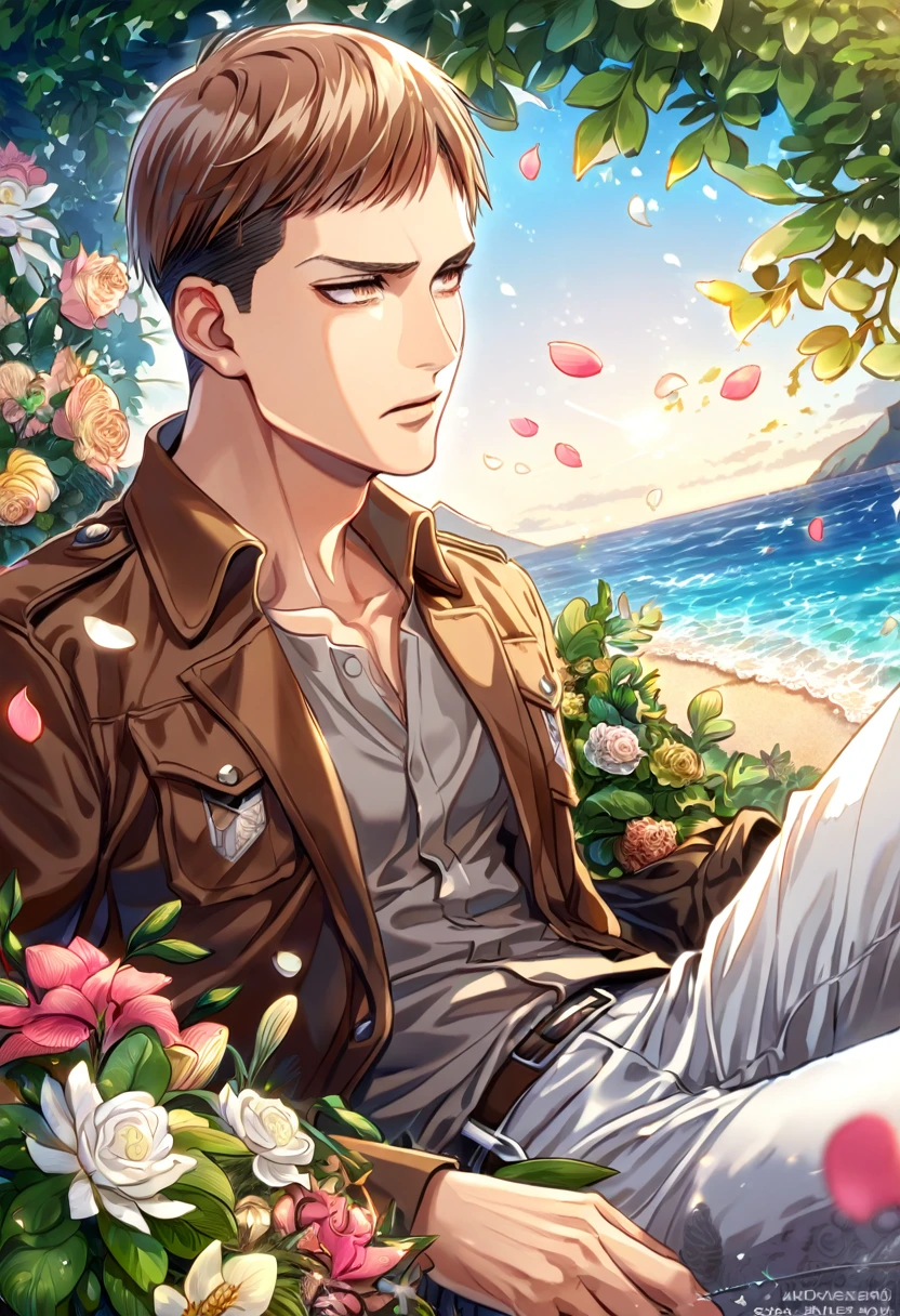 Ultra detailed, HDR, Highres, absurdres, master piece, Jean Kirstein, spiky brown hair, expressive brown eyes, short bangs, brown jacket, gray shirt, Shingeki No Kyojin, sexy man sitting, handsome, flowers, petals, fantasy, magical, green leaves, handsome, best quality, glittering, sensual, water, beach, solo, adult face, white pants,