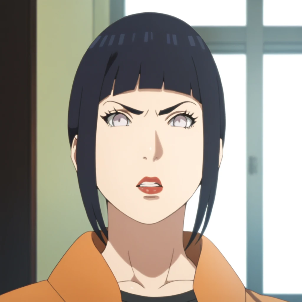 masterpiece, absurdity, Best quality, complex details, High resolution, very detailed anime illustration, One, Hinata ,stands in the room, sexy face with full makeup, angry face, parted lips, looks at the viewer, with disgust, Black hair, white eyes, plump red lips,
