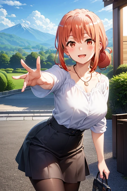 (hdr, highest resolution, best quality, beautiful, raw image, super detailed skin, perfect anatomy, nsfw, POV)), , ((1girl)), (orange hair), brown eyes , (blushing:1.4), ((smile)) ,open mouth , (slender), (large breasts), ((casual clothes, blouse, skirt, ,stockings, bag, necklace)) , (( japanese hotel entrance, mountains, daytime)), ((from behind)), (upper body), (((reach out at viewer))