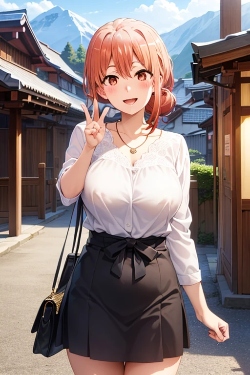 (hdr, highest resolution, best quality, beautiful, raw image, super detailed skin, perfect anatomy, nsfw, POV)), , ((1girl)), (orange hair), brown eyes , (blushing:1.4), ((smile)) ,open mouth , (slender), (large breasts), ((casual clothes, blouse, skirt, ,stockings, bag, necklace)) , (( japanese hotel entrance, mountains, daytime)), ((from behind)), (upper body), (((reach out at viewer))