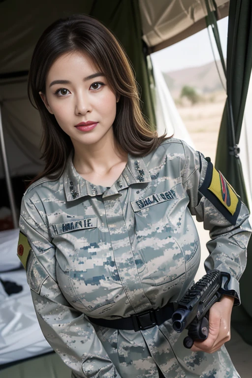 Mature attractive sexy woman,50 years old, ((((Combatant))))、(((Military)))、((Camouflage uniform))、((Military Helmet))、((((Combat Uniform))))、((Combat Uniformの上下))、((Combat Uniformの姿))、((survival))(((With an automatic rifle))),Shut,((Big Breasts:1.2)),(Facial wrinkles:1.3),light makeup,((Light brown hair)),Medium Hair,(((Full body photo:0.85))),(),8k, RAW Photos, Best Quality, masterpiece,Best Quality、、A captivating gaze、Random Hairstyles、、((((Scene from a camp in Afghanistan))))、((One Mature Woman))、((Only one person is visible))、