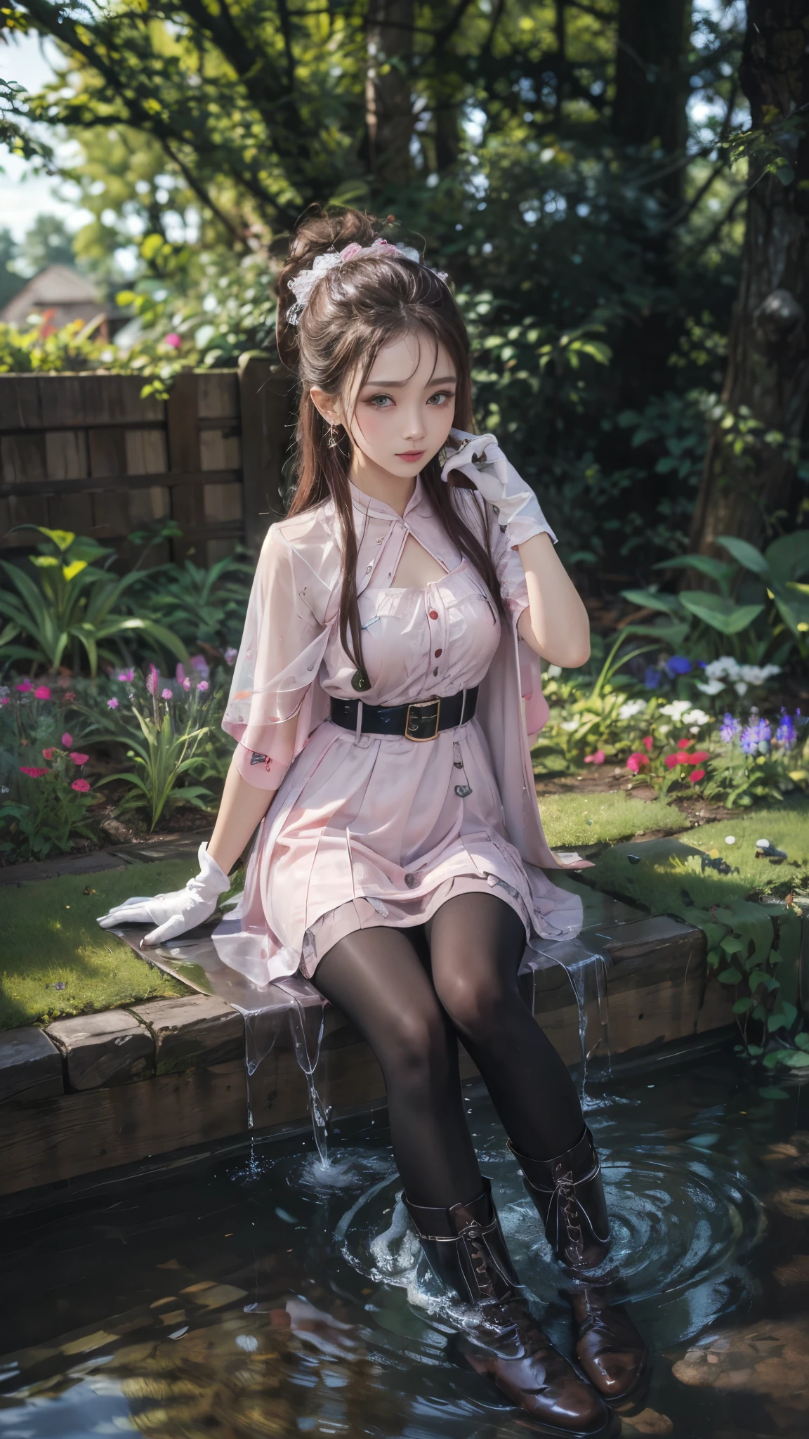 water，wet，masterpiece,best quality,high resolution,Extremely detailed,Elena,have,Long hair,curls,Pink Eyes,earrings,cape,dress,Short sleeve,Gloves,belt,skirt,Black pantyhose,boots,Wind lift,blush,(Make it embarrassing:1.2),outdoor,garden,