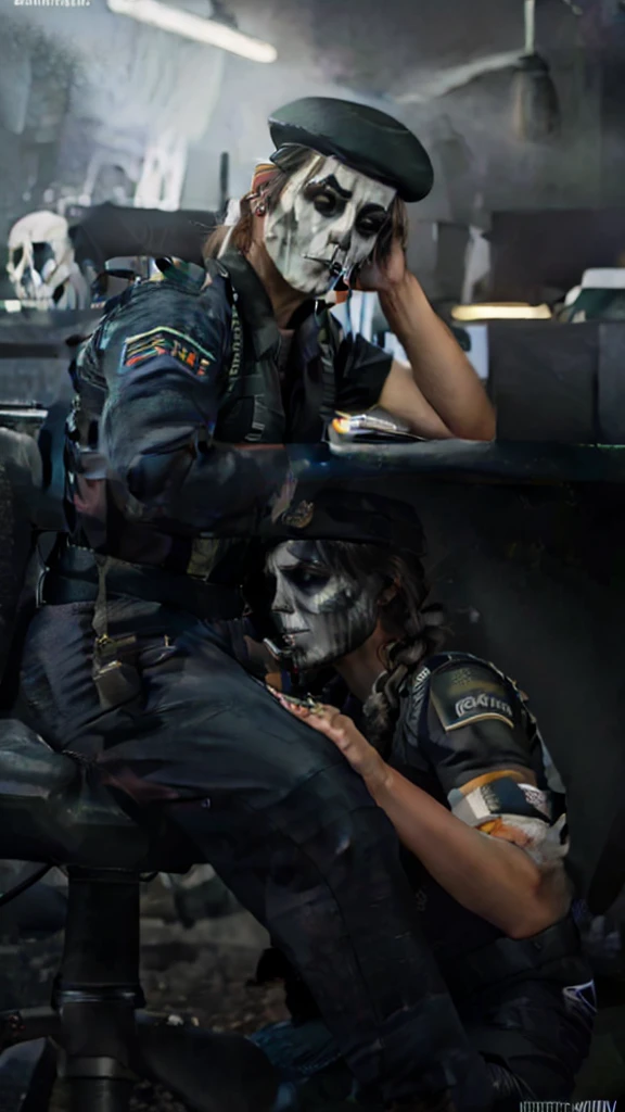 Caveira, rainbow six siege,  black nailpolish, hair braid, military beret, skull face paint, diamond stud in ear, smirk, military fatigues, cargo pants, under table, pov blowjob, office