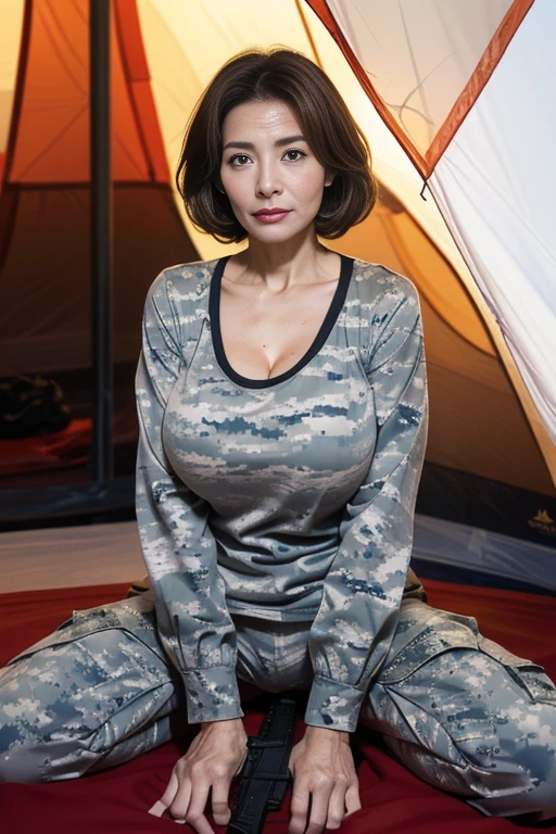 table top,Awards - winning photos, very detailed, edge orgasm, woman with open mouth and closed eyes , deeply carved face、((Tank top))、high nose with a pointed point,,,strong nose、elongated nostrils、sweaty skin、Skin shiny with sweat、Illumination that highlights the shine of sweat{realistic nostrils}, black haired,well-shaped chest、Inside the camping tent、from below,((remote controller, remote control,))((orgasm expression))