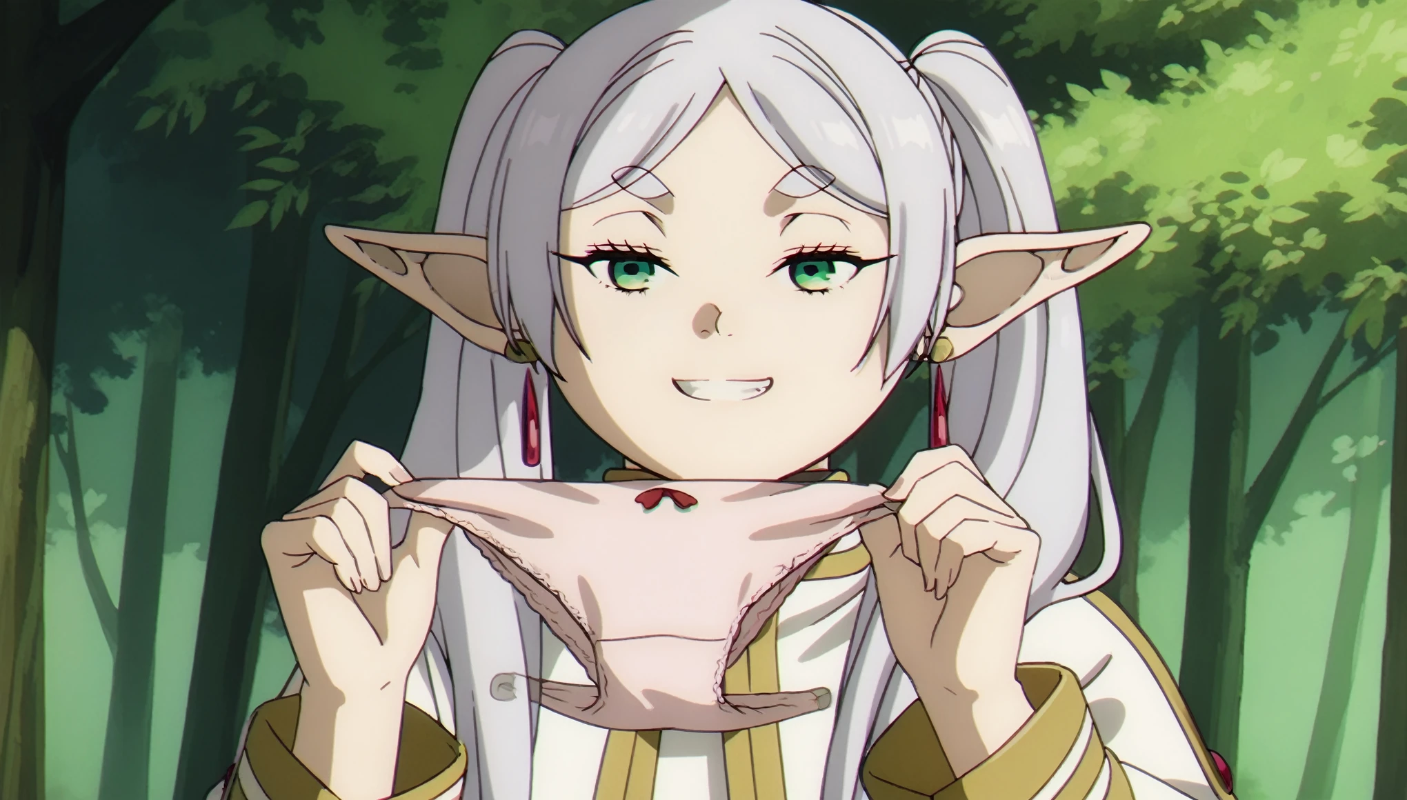 (Best Quality, Masterpiece),sexy,  erotic, ((1girl)), 1, Contempt, pride, silver hair, ((green eyes)), forest, ((holding panties)), 2 ponytails, official outfit, ((suspicious grin)), half closed eyes, evil smile, long sleeves, sfrieren, (frieren, pointy ears, elf, earrings, twintails, parted bangs, grey hair, thick eyebrows)