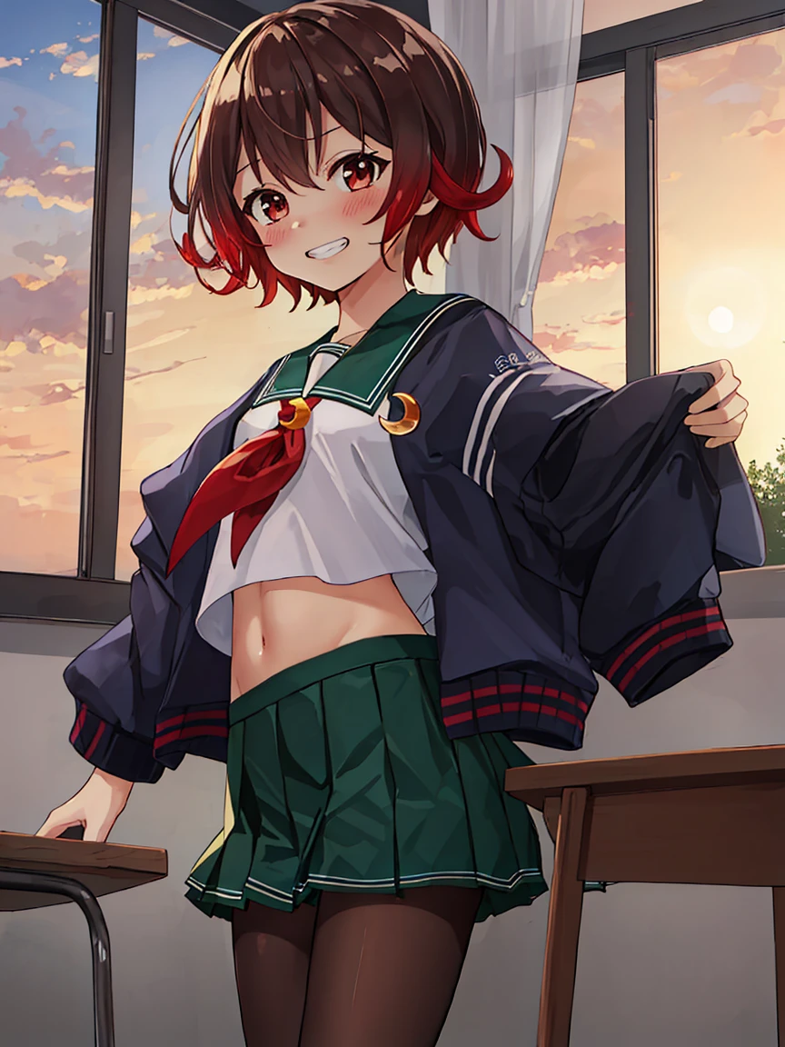 Portrait, official art, best masterpiece, best quality, best resolution, 8K, best detailed, perfect anatomy, (Dutch Angle)
BREAK
cowboy shot, legs together, arms behind body
BREAK
(mutsuki_kantaicollection:1.15), short hair, brown hair, red hair, serafuku, gradient hair, multicolored hair, brown eyes, crescent, crescent pin, red eyes, jacket, neckerchief, sailor collar, school uniform, green sailor collar, red neckerchief, blue jacket, black jacket, (flat chest, child_like build, short stature:1.2), 1small girl, solo
BREAK
(smile), (blush:1.2), open your mouth, grin
BREAK
School, classroom, (evening, twilight:1.3), very fine and detailed 16KCG wallpapers