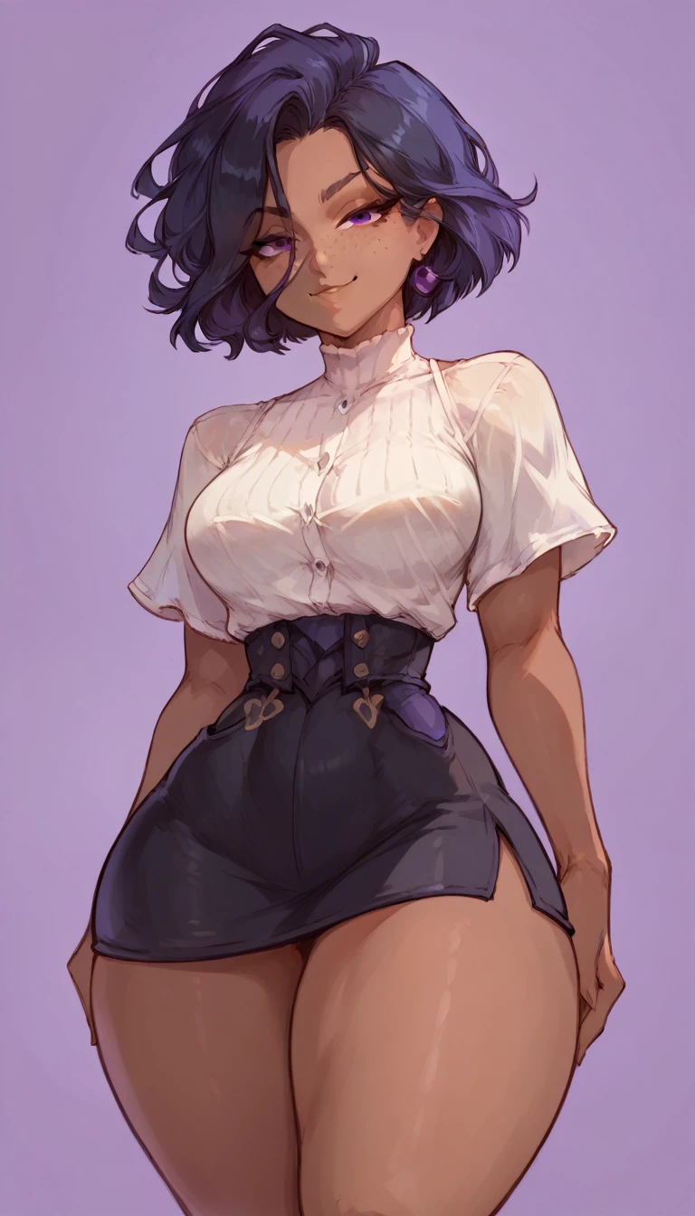 (solo) female , black short hair, woman, attractive ,wearing clorinde outfit, thicc, freckles, freckles on face, smug eyes, (happy expression), she is standing look to the viewer , violet background, simple background, thick thighs  (back view)  (dark skin) 