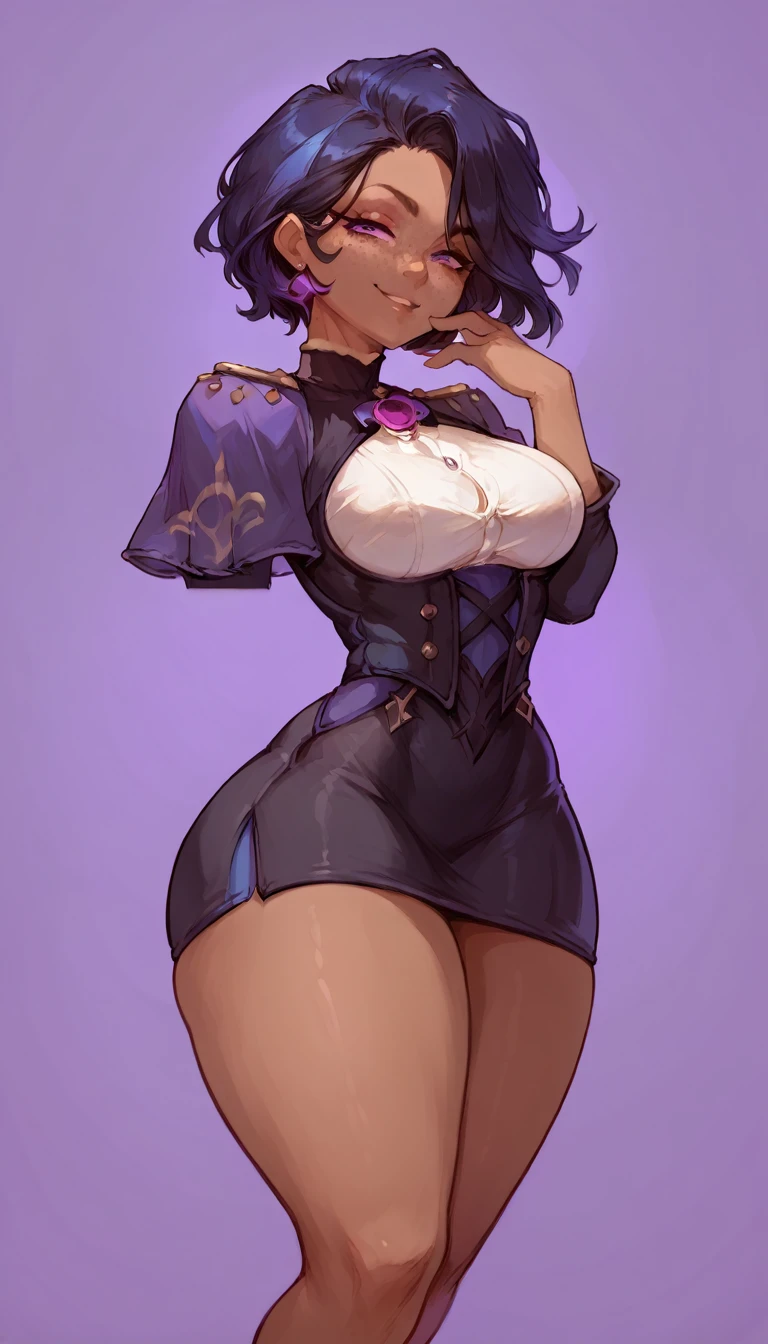 (solo) female , black short hair, woman, attractive ,wearing clorinde outfit, thicc, freckles, freckles on face, smug eyes, (happy expression), she is standing look to the viewer , violet background, simple background, thick thighs  (back view)  (dark skin) 