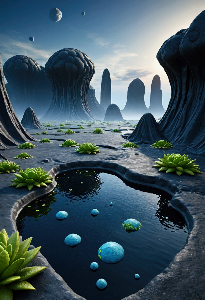 Alien otherworldly landscape from a distant planet. The landscape is from marble rocks and hills hills filled with weird organic alien plants. Floating geometrical 3D shapes of different kind of shapes with slime dripping from them levitating above ground creating a mysterious atmosphere. The sky is pitch black like deep space with millions of stars and distant planets. Deep space is visible and the millions of stars are Sharp and detailed full of clarity. The scene is surrealistic with fog moving fast and few ponds with ripples on the water scattered reflecting around the surroundings . The dripping slime covering most of the geometrical shapes and is shiny and blue with realistic physics dripping to the ground. Realistic fluids with realistic physics. Realism, hyper-realistic, extreme quality, Sharp details, high resolution, 4K HDR, photorealistic, realistic