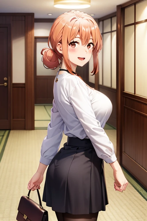 (hdr, highest resolution, best quality, beautiful, raw image, super detailed skin, perfect anatomy, nsfw, POV)), , ((1girl)), (orange hair), brown eyes , (blushing:1.4), ((smile)) ,open mouth , (slender), (large breasts), ((casual clothes, blouse, skirt, ,stockings, bag, necklace)) , (( japanese hotel entrance lobby, daytime)), (from side), (reach out at viewer)