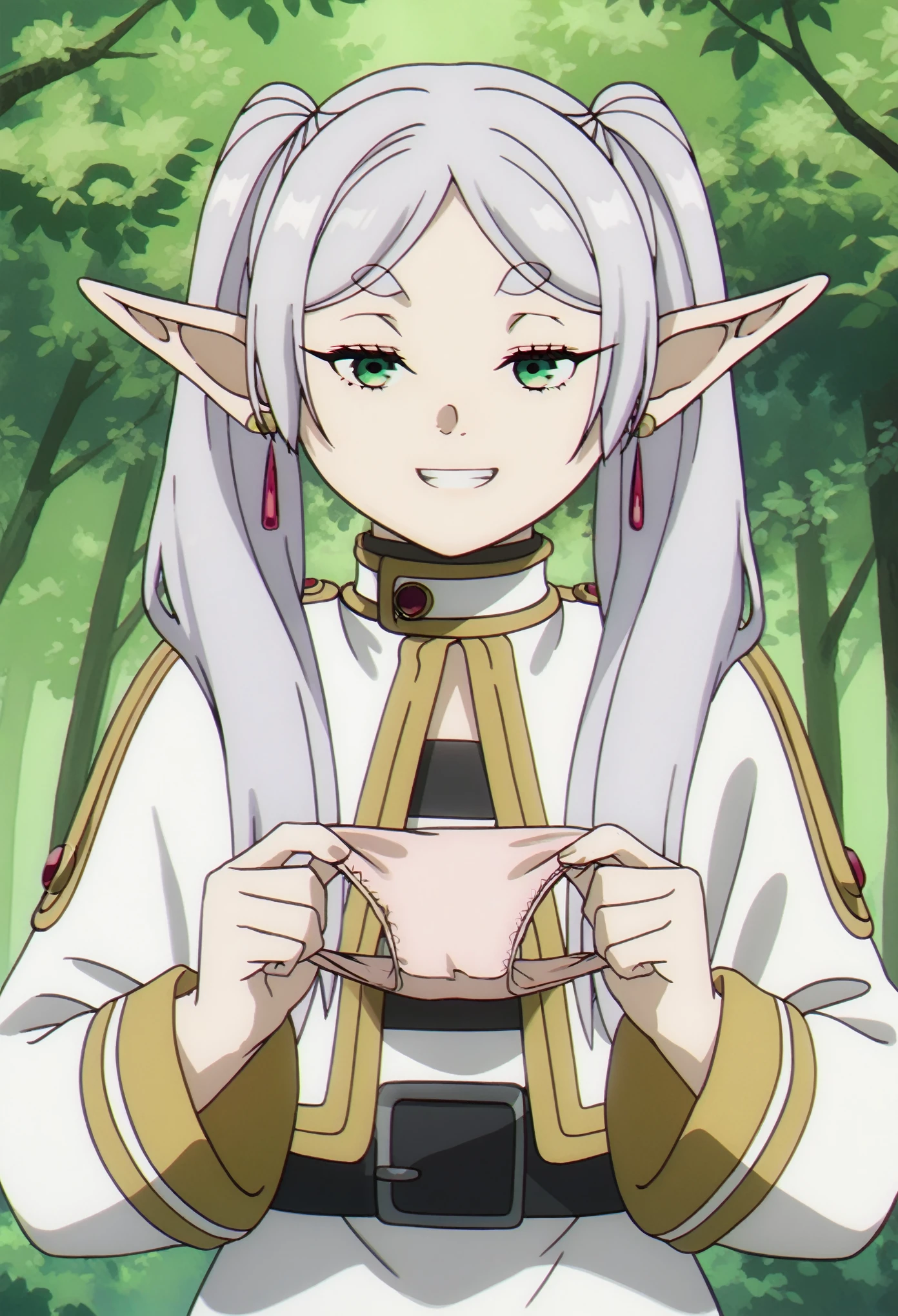 (Best Quality, Masterpiece),sexy,  erotic, ((1girl)), 1, Contempt, pride, silver hair, ((green eyes)), forest, ((holding panties)), 2 ponytails, official outfit, ((suspicious grin)), half closed eyes, long sleeves, sfrieren, (frieren, pointy ears, elf, earrings, twintails, parted bangs, grey hair, thick eyebrows)