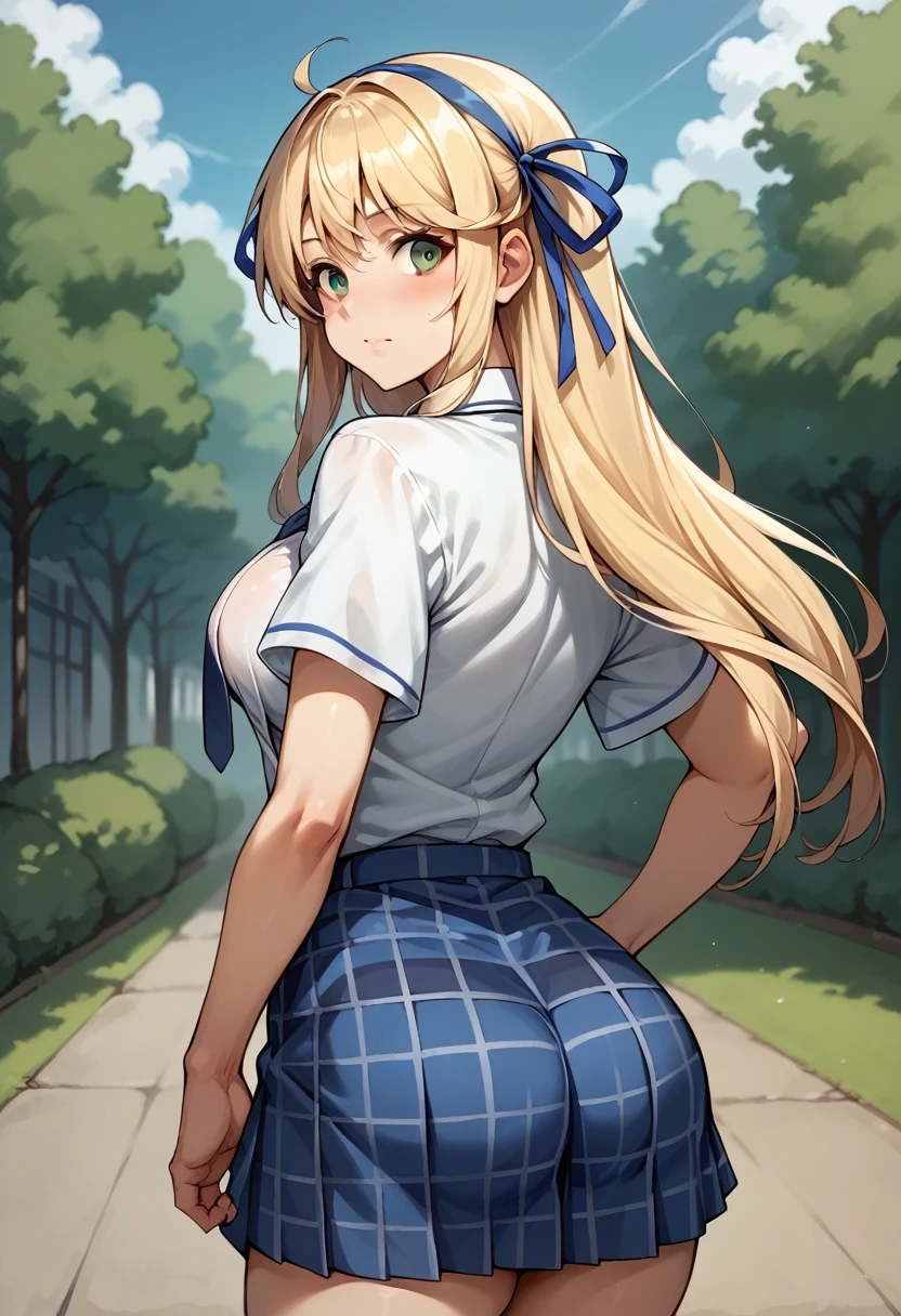 score_9, score_8_up, score_7_up, BREAK, score_9, Katsuragi_XL, green eyes, long blonde hair, open shirt, shirt outside, blue hair ribbon, double hair ribbon, breasts, Katsuragi_Shinobi, school uniform, blue necktie, unbuttoned white shirt, short sleeves, plaid blue skirt, cowboy shot, looking back, from behind, ass cheek, outdoors