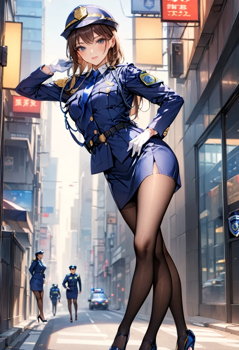 Best Quality、masterpiece、8k、Realistic、超High resolution、Very delicate and beautiful、High resolution、Cinema Lighting、Mid-range shooting、Perfect female body、Beautiful woman、Mature Woman、Beautiful Eyes、Cityscape、((Female police officer:1.4、紺色のFemale police officer、Female police officerの制帽、Uniform buttons、Navy blue tie、Uniform jacket、White gloves))、pantyhose、Long, tight skirt above the knee、Stiletto heel pumps、Police Badge、Epaulettes、