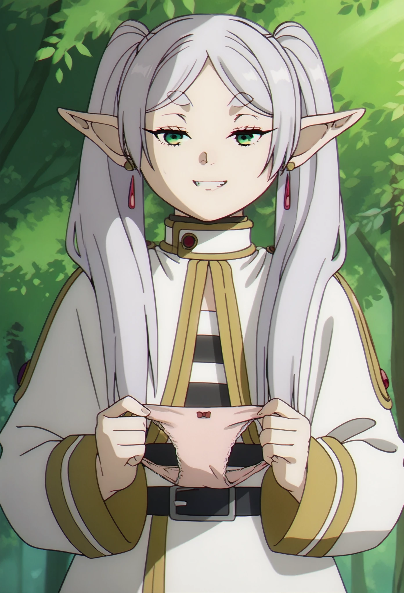 (Best Quality, Masterpiece),sexy, erotic, ((1girl)), 1, Contempt, pride, silver hair, ((green eyes)), forest, ((holding panties)), 2 ponytails, official outfit, ((suspicious grin)), half closed eyes, long sleeves, sfrieren, (frieren, pointy ears, elf, earrings, twintails, parted bangs, grey hair, thick eyebrows)