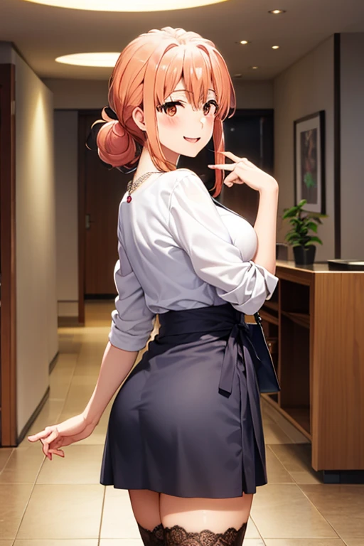 (hdr, highest resolution, best quality, beautiful, raw image, super detailed skin, perfect anatomy, nsfw, POV)), , ((1girl)), (orange hair), brown eyes , (blushing:1.4), ((smile)) ,open mouth , (slender), (large breasts), ((casual clothes, blouse, skirt, ,stockings, bag, necklace)) , (( japanese hotel entrance lobby, daytime)), (from side), (((reach out at viewer))