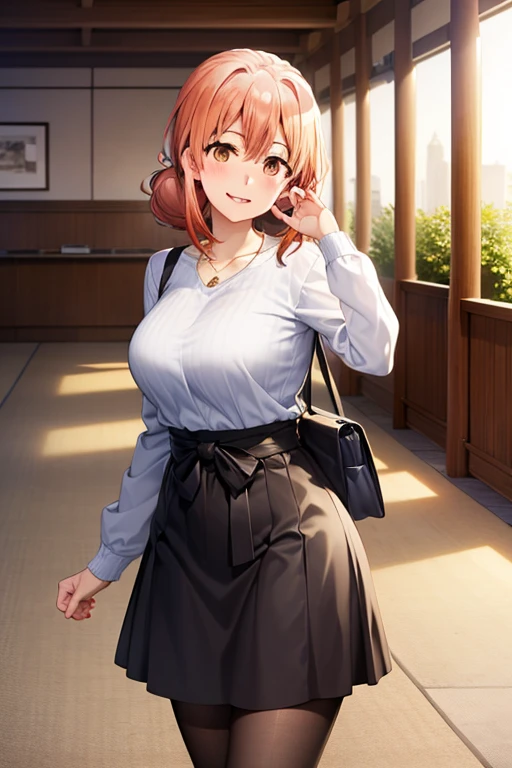 (hdr, highest resolution, best quality, beautiful, raw image, super detailed skin, perfect anatomy, nsfw, POV)), , ((1girl)), (orange hair), brown eyes , (blushing:1.4), ((smile)) ,open mouth , (slender), (large breasts), ((casual clothes, blouse, skirt, ,stockings, bag, necklace)) , (( japanese hotel entrance lobby, daytime)), (from side), (((reach out at viewer))