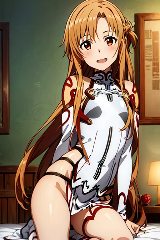 ((Best Quality)), ((masterpiece)), (be familiar with), Perfect Face, indoor, bedroom, Watching the audience,
One woman, Yuuki Asuna,
Open Mouth, Ecstatic expression, blush, smile,
Small breasts, Flat Chest, , , child, Girl,
Long Hair, Long Hair,
Leg spread,