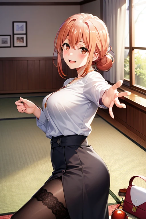 (hdr, highest resolution, best quality, beautiful, raw image, super detailed skin, perfect anatomy, nsfw, POV)), , ((1girl)), (orange hair), brown eyes , (blushing:1.4), ((smile)) ,open mouth , (slender), (large breasts), ((casual clothes, blouse, skirt, ,stockings, bag, necklace)) , (( japanese style room, tatami, shoji window, daytime)), (from side), (((reach out at viewer))