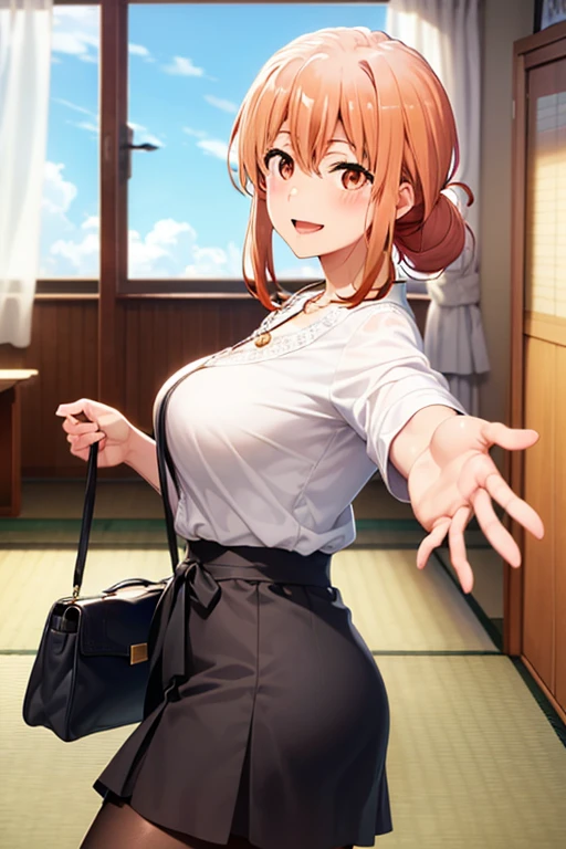 (hdr, highest resolution, best quality, beautiful, raw image, super detailed skin, perfect anatomy, nsfw, POV)), , ((1girl)), (orange hair), brown eyes , (blushing:1.4), ((smile)) ,open mouth , (slender), (large breasts), ((casual clothes, blouse, skirt, ,stockings, bag, necklace)) , (( japanese style room, tatami, shoji window, daytime)), (from side), (((reach out at viewer))