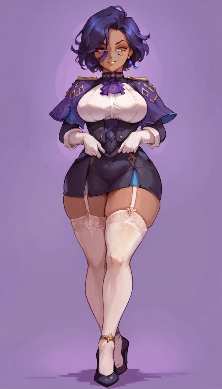 (solo) female , black short hair, woman, attractive ,wearing clorinde outfit, thicc, freckles, freckles on face, smug eyes, (happy expression), she is standing look to the viewer , violet background, simple background, thick thighs  (front view)  (dark skin) white garter belt tights high heels