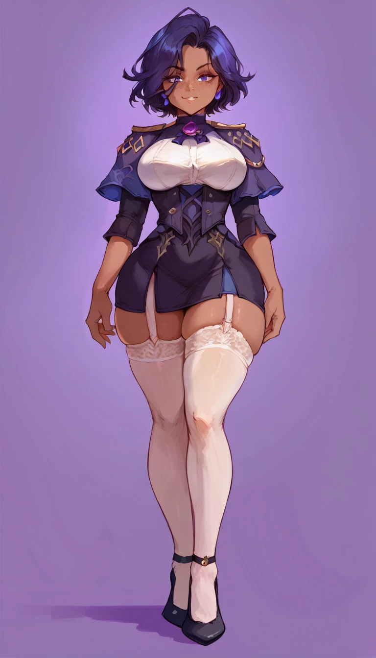 (solo) female , black short hair, woman, attractive ,wearing clorinde outfit, thicc, freckles, freckles on face, smug eyes, (happy expression), she is standing look to the viewer , violet background, simple background, thick thighs  (front view)  (dark skin) white garter belt tights high heels