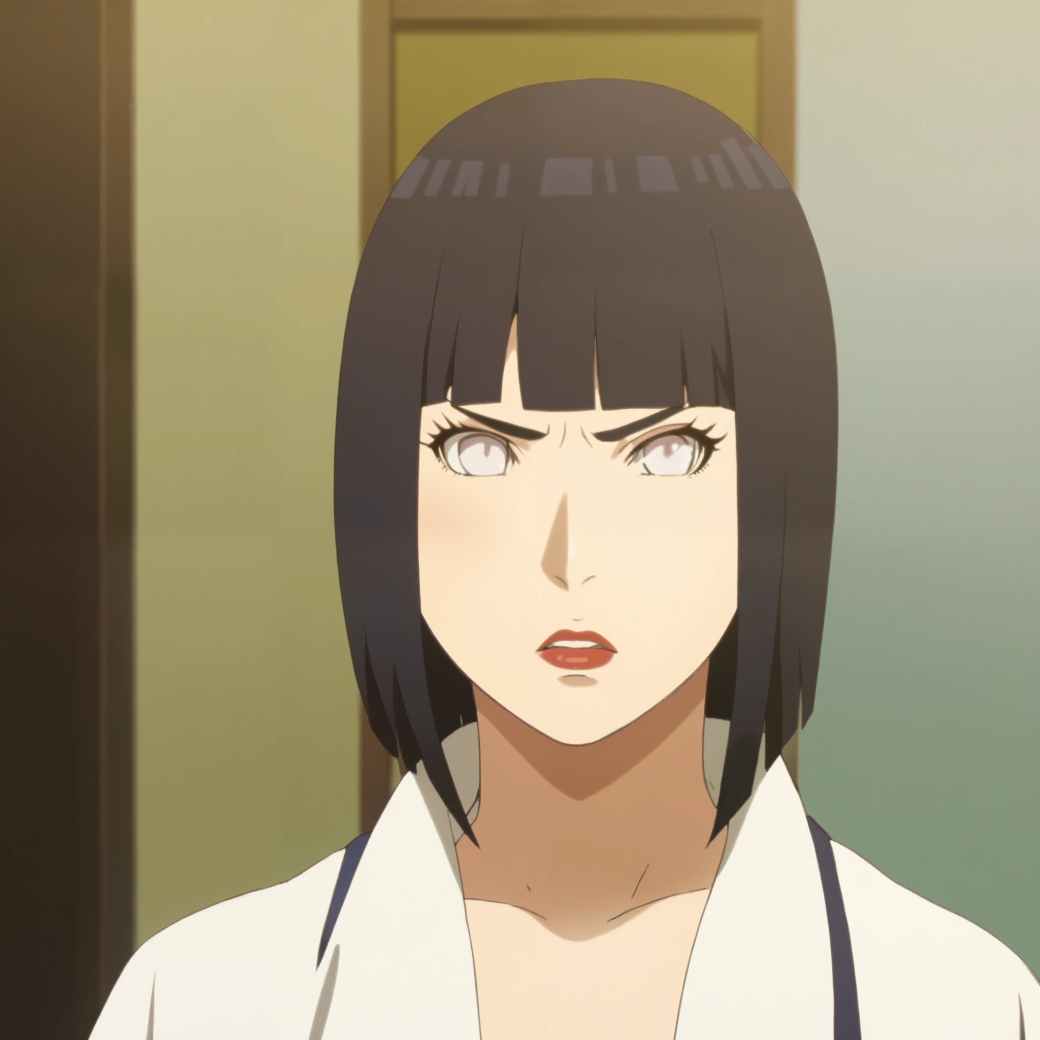 masterpiece, absurdity, Best quality, complex details, High resolution, very detailed anime illustration, One, Hinata ,stands in the room, sexy face with full makeup, angry face, parted lips, looks at the viewer, with disgust, Black hair, white eyes, plump red lips,
