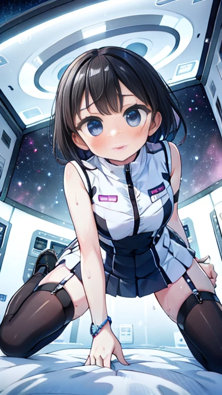 (Best Quality), (masterpiece), 1080P, High resolution, 4K, 8k, Inside the space station、Futuristic room、Thigh straps, Shooting from directly below, The woman on top of me, 白いsweat, Covered , sweat, Woman looking down, Skirt swimsuit, Thigh-high socks, To achieve this, , , whole body, Black leather shoes, Braided Hair, Inner Color, Embarrassed face, Short black hair, bracelet, bedroom,celestial body_vest
