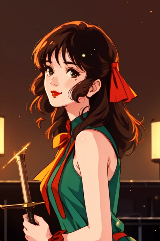 (Best Quality,High resolution,Super detailed,Realistic:1.*****ung very ，Baby Face，Lynn Minmay，(Long brown hair:1.1), Incredibly detailed eyes, Soft background blur, Delicate bangs, She has a beautiful ribbon in her hair, Lantern with light particles, She looks at the audience with a captivating smile., Wearing sleeveless clothing, Standing alone on stage, Musician symbol, Her face seen from the side, Seductive red lips, Medium Hair Length, With the night view in the background.