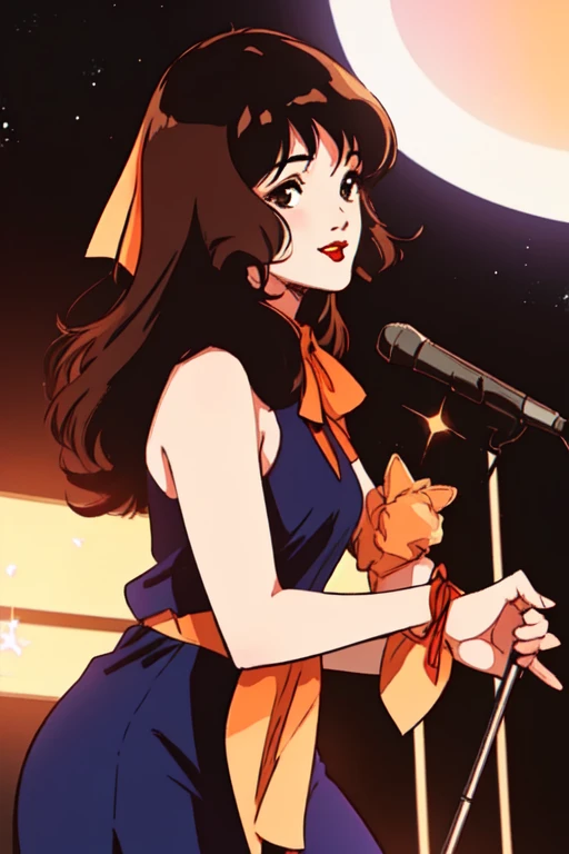 (Best Quality,High resolution,Super detailed,Realistic:1.2)，Young very ，Baby Face，Lynn Minmay，(Long brown hair:1.1), Incredibly detailed eyes, Soft background blur, Delicate bangs, She has a beautiful ribbon in her hair, Lantern with light particles, She looks at the audience with a captivating smile., Wearing sleeveless clothing, Standing alone on stage, Musician symbol, Her face seen from the side, Seductive red lips, Medium Hair Length, With the night view in the background.