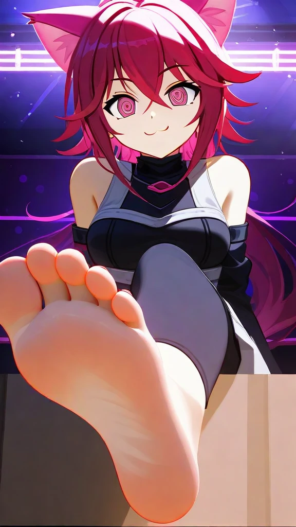 (Fraction_9,Fraction_8_Direction_7_up,), Koneko Toujou from Highschool DxD,Solitary,Looking at the audience,white and short hair,indoors,barefoot,Foot Focus,hypno feet, hypnotic, spiral eyes, smug, brainwash, hypnotic soles, Koneko tries to hypnotize the viewer against his will with the soles of her feet, possesive, controlling, dominant, uses her feet as hypnotic mind control tool against the viewer, each foot has 5 toes, 2 feet, 3D Rendered Anime style, pink eyes, focus on soles of feet, illuminated and smooth and immaculate soles, short hair, cat ears