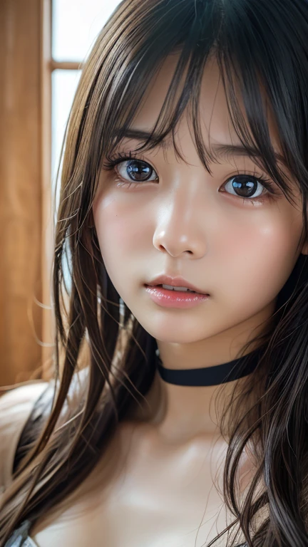 Japanese, female, 23 years old, chubby face, idol-like, strong-willed face, clothes colorful and cute, hair a little brown, hair tied at the back, bright expression, from the top of the head to the chest Her body is chubby, her chest is not visible, her eyes are black, and she faces from the front, realistic and realistic.