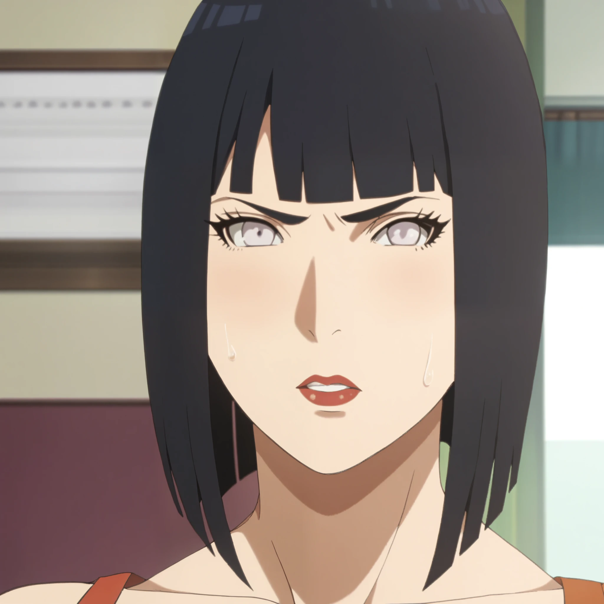 masterpiece, absurdity, Best quality, complex details, High resolution, very detailed anime illustration, One, Hinata ,stands in the room, sexy face with full makeup, angry face, parted lips, looks at the viewer, with disgust, Black hair, white eyes, very sweaty, a drop of sweat, a lot of sweat, plump red lips,
