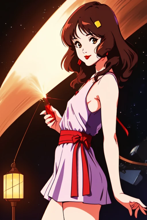 (Best Quality,High resolution,Super detailed,Realistic:1.*****ung very ，Baby Face，Lynn Minmay，Flat Chest，Thin thighs，(Long brown hair:1.1), Incredibly detailed eyes, Soft background blur, Delicate bangs, She has a beautiful ribbon in her hair, Lantern with light particles, She looks at the audience with a captivating smile., Wearing sleeveless clothing, Standing alone on stage, Musician symbol，Space Diva，Her face seen from the side，Seductive red lips，Medium Hair Length，With the night view in the background.