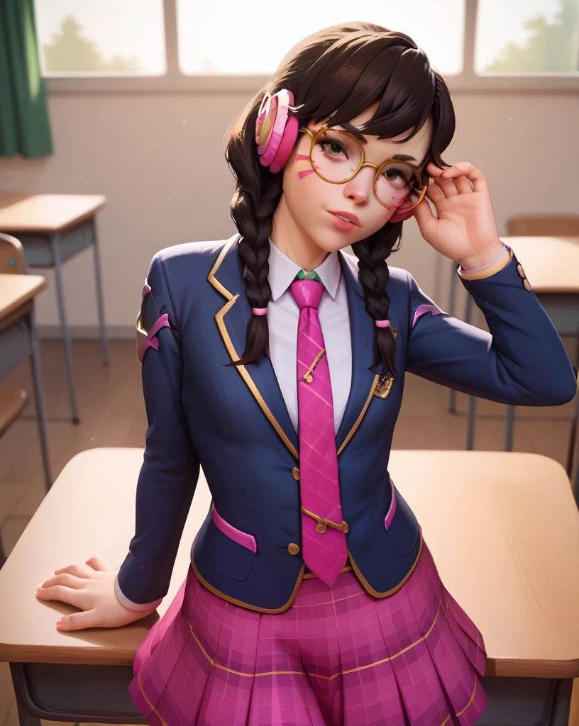 score_9, score_8_up, score_7_up,score_6_up, score_5_up, 2.5d, highly detailed,1girl, solo focus, medium shot , academy dva, glasses , twin braids, classroom background, skirt, blazer, necktie