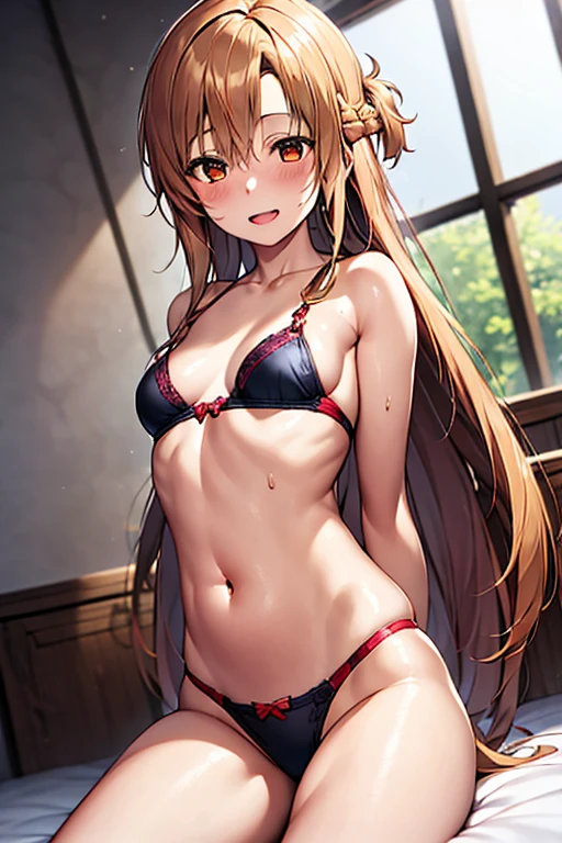 ((Best Quality)), ((masterpiece)), (be familiar with), Perfect Face, indoor, bedroom, Watching the audience,
One woman, Yuuki Asuna,
Open Mouth, Ecstatic expression, blush, smile,
Small breasts, Flat Chest, , , , Girl,
Long Hair, Long Hair,
Leg spread,