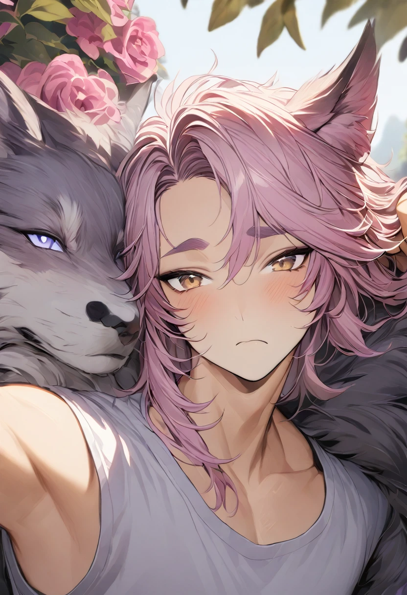 Human-Wolf Hybrid, Male Teenager, Light Tan-Ish Skin, Hot Pink Hair With Dark Blue Streak Over Bangs, Short Fluffy Haircut With Side-Swept Bangs, Big Pointy Wolf Ears, Hot Pink Wolf Tail, Light Brown Eyes, Thick Dark Pink Eyebrows, Purple Moons On Cheeks, Head Tilted To The Side Slightly, Eyes Half Closed, Looking At The Viewer, Nervous Expression, Soft Blush, Holding Arm Up With Fingers Brushing Through Hair, Light Lavender Short-Sleeved Shirt With Gray-Ish Purple Over-Vest, Lavender Wristbands, Dark Gray-Ish Purple Pants, Outdoors Background, Garden Landscape, Surrounded By Roses, Upperbody Headshot, Portrait, High Picture Quality, Ritch Detail.