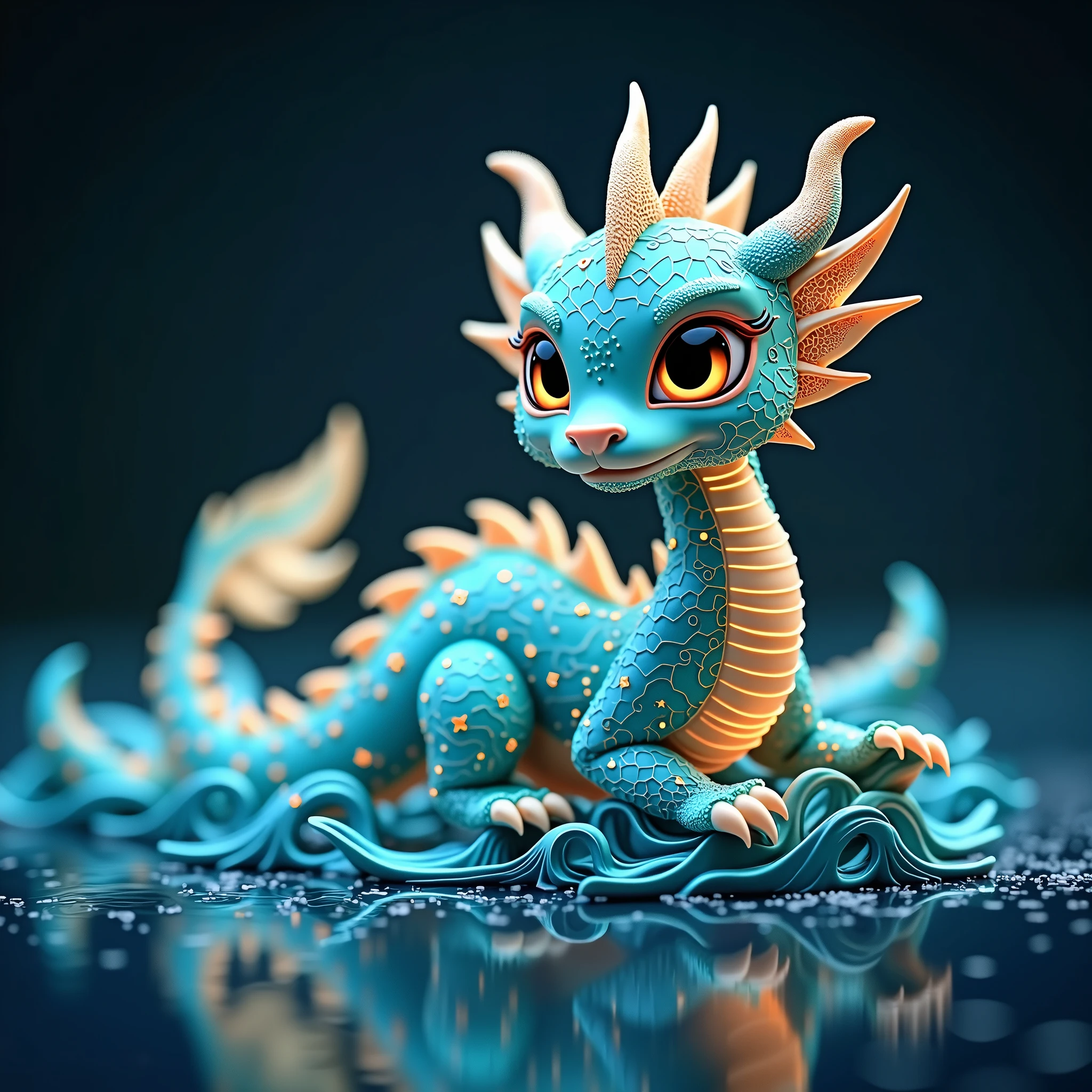 Meet "Wave" the AI Dragon, a digital mascot for the generative AI company SeaArt. A small elegant dragon, inspired by Chinese mythology, but reimagined as an aquatic creature, flowing with the waves like water. The dragon has delicate, swirling patterns reminiscent of the diffusion process. The dragon's body is semi-transparent, with illuminated digital circuits subtly glowing beneath its surface. It rides on stylized ocean waves that form intricate shapes around it, symbolizing the generative nature of AI. The dragon is a revered figure in Chinese culture, symbolizing power, strength, and good fortune. Its design incorporates a traditional Chinese colour palette, with deep blues and golds, with hints of jade for the eyes and claws. The circuits resemble neural network connections and diffusion patterns, subtly integrated into its scales. Cute and approachable but also majestic and wise, capable of creating artworks from the ocean around it.