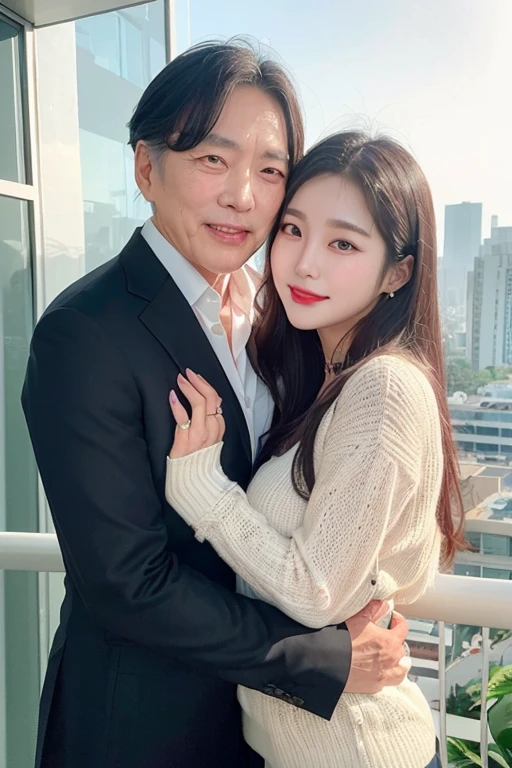 A Chinese man and a young Korean woman, age difference, age difference, giant size, ((40 year old man, kkissg có râu, muscular body, smiling face, body full of hair, hug standing, touch the girl&#39;s chest)), ((18 year old sexy young girl, small size and skinny, long black hairstyle, face red with embarrassment, tư thế tình dục, kiss)), 40 year old man, A young girl, sea, wooden hut, Detailed face, thực tế, ngực, nude, tình dục, see-through tank top, large chest groove, small areola