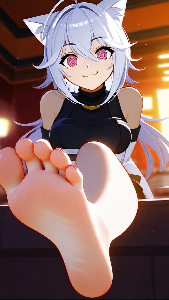 (Fraction_9,Fraction_8_Direction_7_up,), Koneko Toujou from Highschool DxD,Solitary,Looking at the audience,white and short hair,indoors,barefoot,Foot Focus,hypno feet, hypnotic, spiral eyes, smug, brainwash, hypnotic soles, Koneko tries to hypnotize the viewer against his will with the soles of her feet, possesive, controlling, dominant, uses her feet as hypnotic mind control tool against the viewer, each foot has 5 toes, 2 feet, 3D Rendered Anime style, pink eyes, focus on soles of feet, illuminated and smooth and immaculate soles, short hair, cat ears, white hair