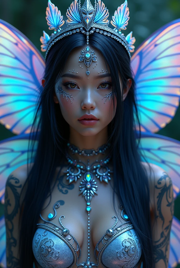 A beautiful death angel with intricate and attention to detail、Biomechanical cyborg、Analog 150mm lens、Beautiful Natural Soft Rim Light、Crystal Feather、roots、Fine leaf lace、Colorful Detail、Boris Bidjan Saberi costume、Pearl earrings、piercings、Art Nouveau fashion embroidery、intricate detailes、Mesh Wire、Mandelbrot fractal、Facial muscles、Cable wire、microchips、Badass、Hyperrealisticultra-high definition、octane renderings、Volumetric Lighting、8k post-production、Red and white with a little black、Elaborate metallic bones、semi human、Irridescent color、Glenn Brown Style Futuristic Room、power of the god、high-angle shot、Complex body poses