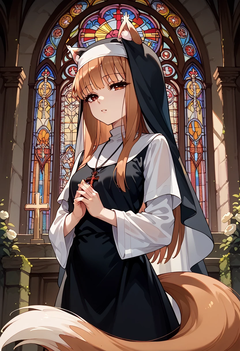 masterpiece,High resolution,Best Quality,8k
(Holo,Spice and Wolf)White shirt,Black Skirt
(Skinny,Small breasts,Animal ears and tail)
church,Stained glass
(((nun,Monastic Clothes))) (praying)