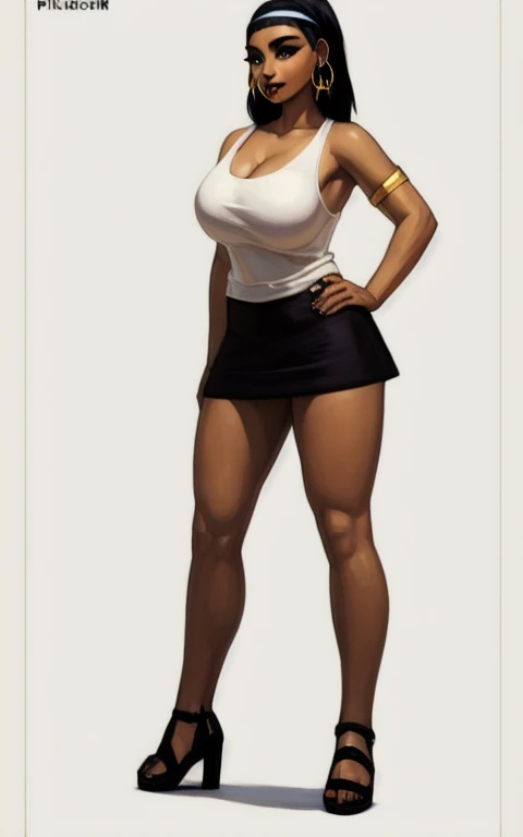 8k,4k,((Best quality, masterpiece, ultra high resolution)),((full body, by pixelsketcher)),  CleoHC,black hair, hoop earrings, earrings, breasts, black skirt, jewelry, skirt, cleavage,white shirt, shirt,large breasts, high heels, black footwear, shadow, black eyes,  dark-skinned female,  sleeveless, sandals, cleavage, miniskirt, armlet,tank top, hairband,white background,human,narrow waist