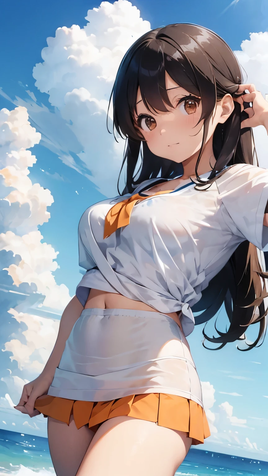 Shiba Miyuki、Her white shirt is showing through、Big breasts pushed together、Orange, small size, cute junior bra、Orange super short he shyly holds up her skirt with both hands、Cute white string panties、Sandy beach, sea, blue sky and cumulonimbus clouds